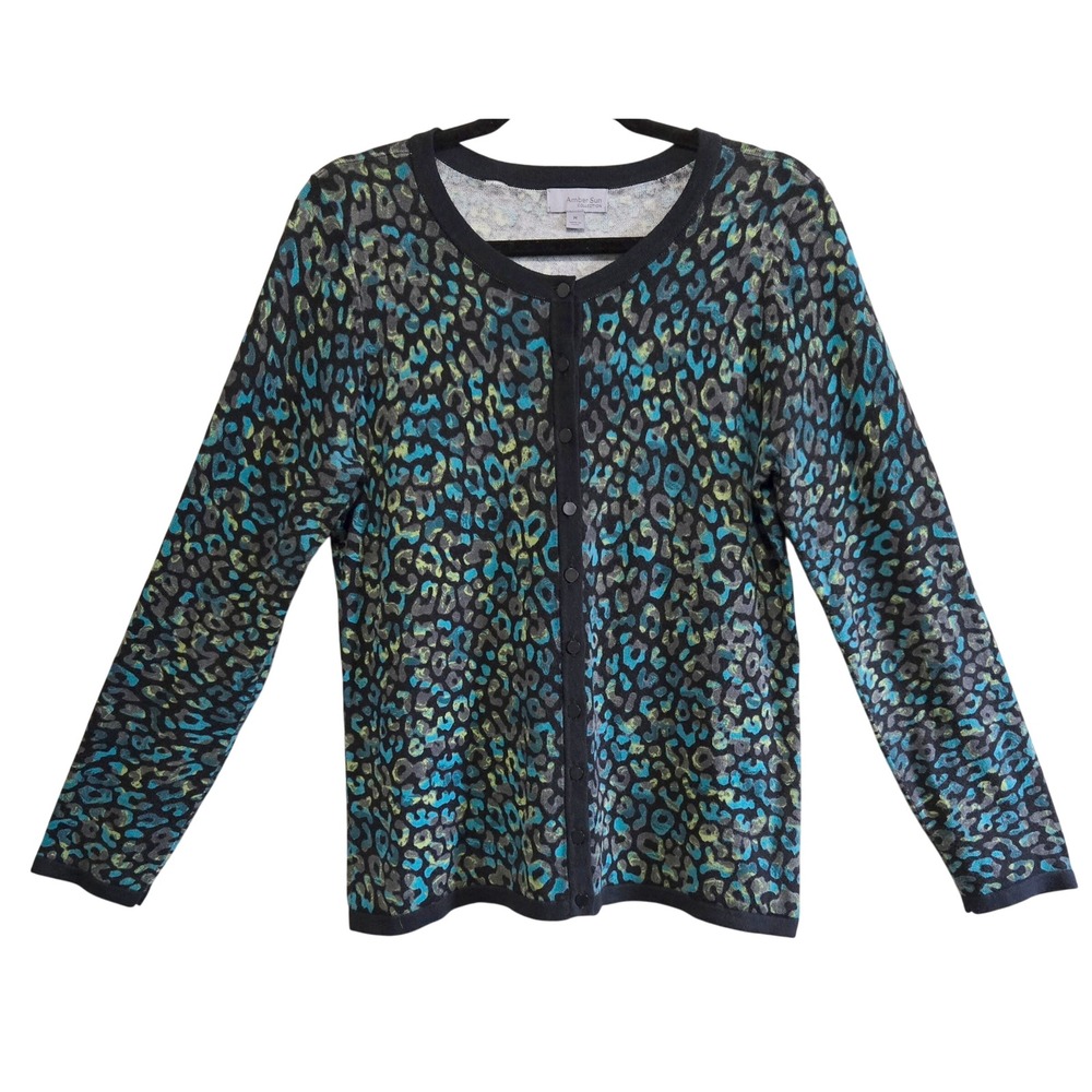 Amber Sun Women's M Bold Chic Teal Green Leopard Print Cotton Button-up Sweater